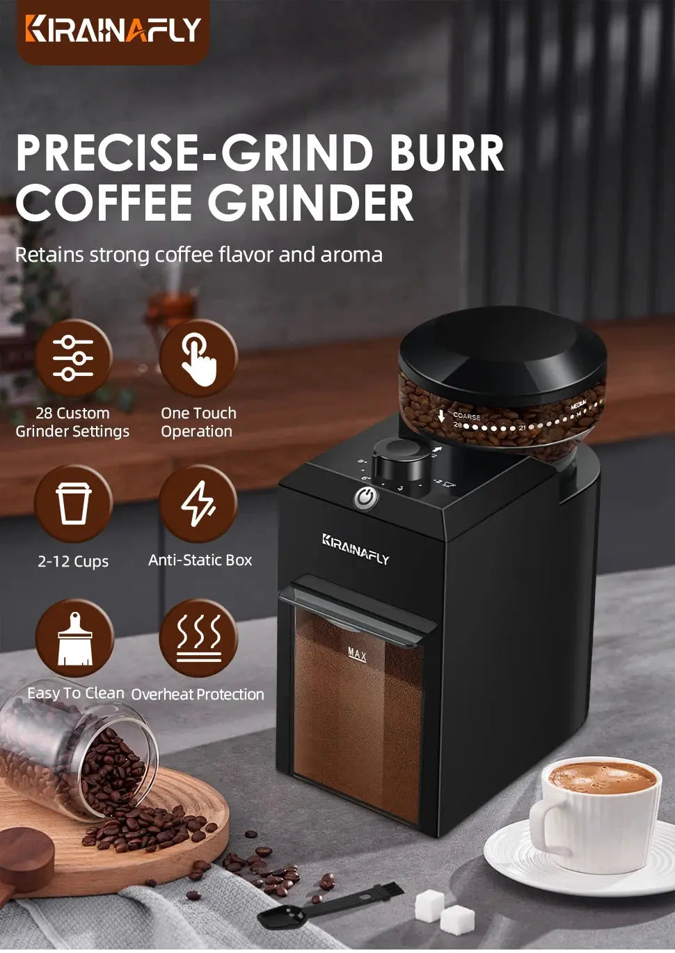 Automatic Burr Mill Coffee Grinder Electric Coffee Bean Grinding With 28 Adjustable Gears for Espresso French Press Drip Coffee Ai-TechWorld 
