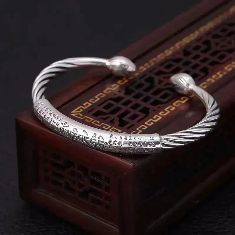Retro Tibetan Six-Character Mantra Bracelet Scripture Lotus Opening Silver Plated Bracelet Twisted Line Men\\\'s Cuff Bracelet Ai-TechWorld 