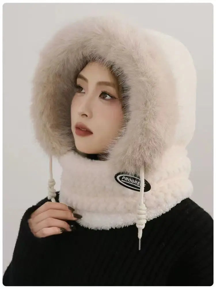 Autumn and Winter Women Thermal Plush Hat Hood Scarf and Mask Ear Protection Windproof Thick Design for Riding Outdoor Ai-TechWorld 