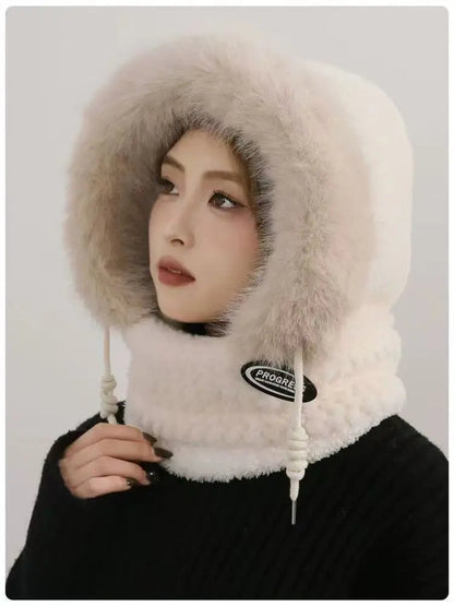 Autumn and Winter Women Thermal Plush Hat Hood Scarf and Mask Ear Protection Windproof Thick Design for Riding Outdoor Ai-TechWorld 