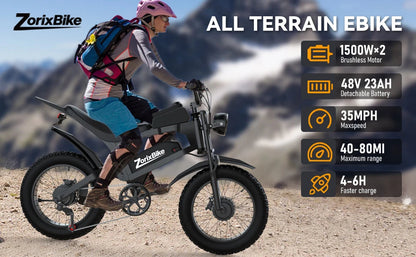 ZorixBike R8 Pro Electric Off-Road Bike 20x4" 3000W 35Mph 80Mile 48V 23Ah,7 Speed Wide Tire All Terrain E-Bike For Adult Ai-TechWorld 