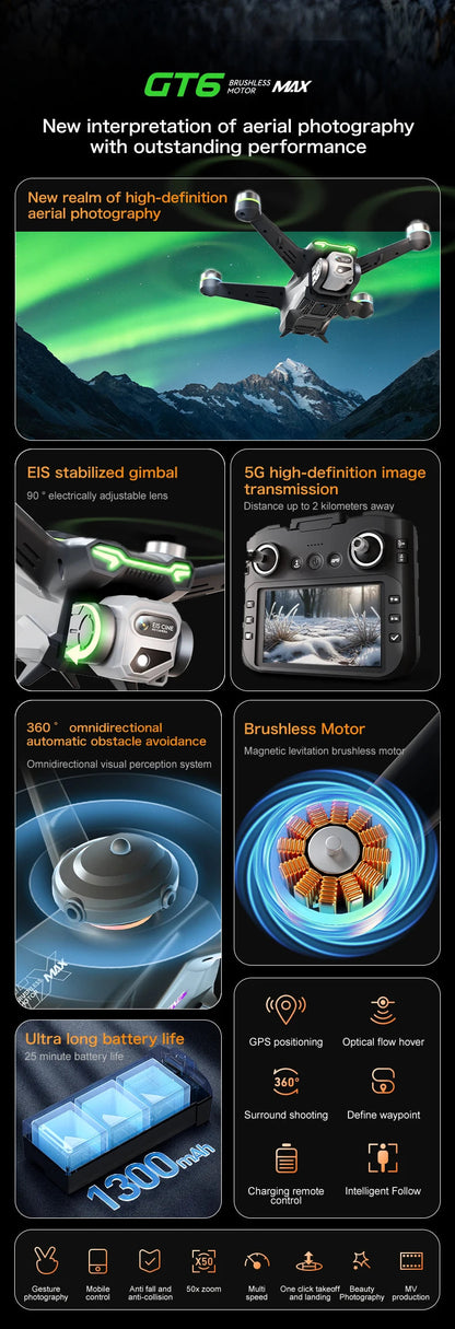 GT6 Professional Drone Long Range Flight Battery Quadcopter 4K HD Wifi Dron Aerial Photography Obstacle Avoidance Aircraft Ai-TechWorld 