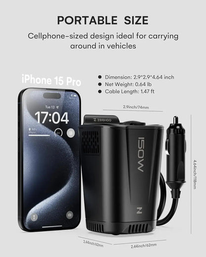 150W Car Power Inverter, 12V D/C To 110V AC Car Plug Adapter Outlet Converter, With 2 AC Outlets, A 18W USB A And Dual 30W PD Ca Ai-TechWorld 