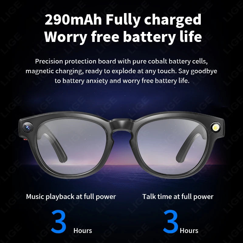 LIGE 4K 800W HD Camera Smart Glasses Recording Videos 290mAh AI Photo Recognition Chat Translation Bluetooth Photochromic Lenses Ai-TechWorld 