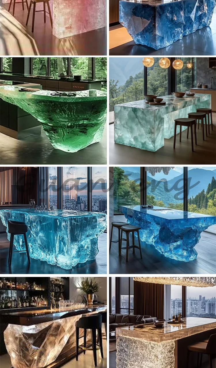 Premium Light Luxury Transparent Resin Hotel Front Desk Restaurant Villa Kitchen Partition Luminous Crystal Glacier Island Table Ai-TechWorld 