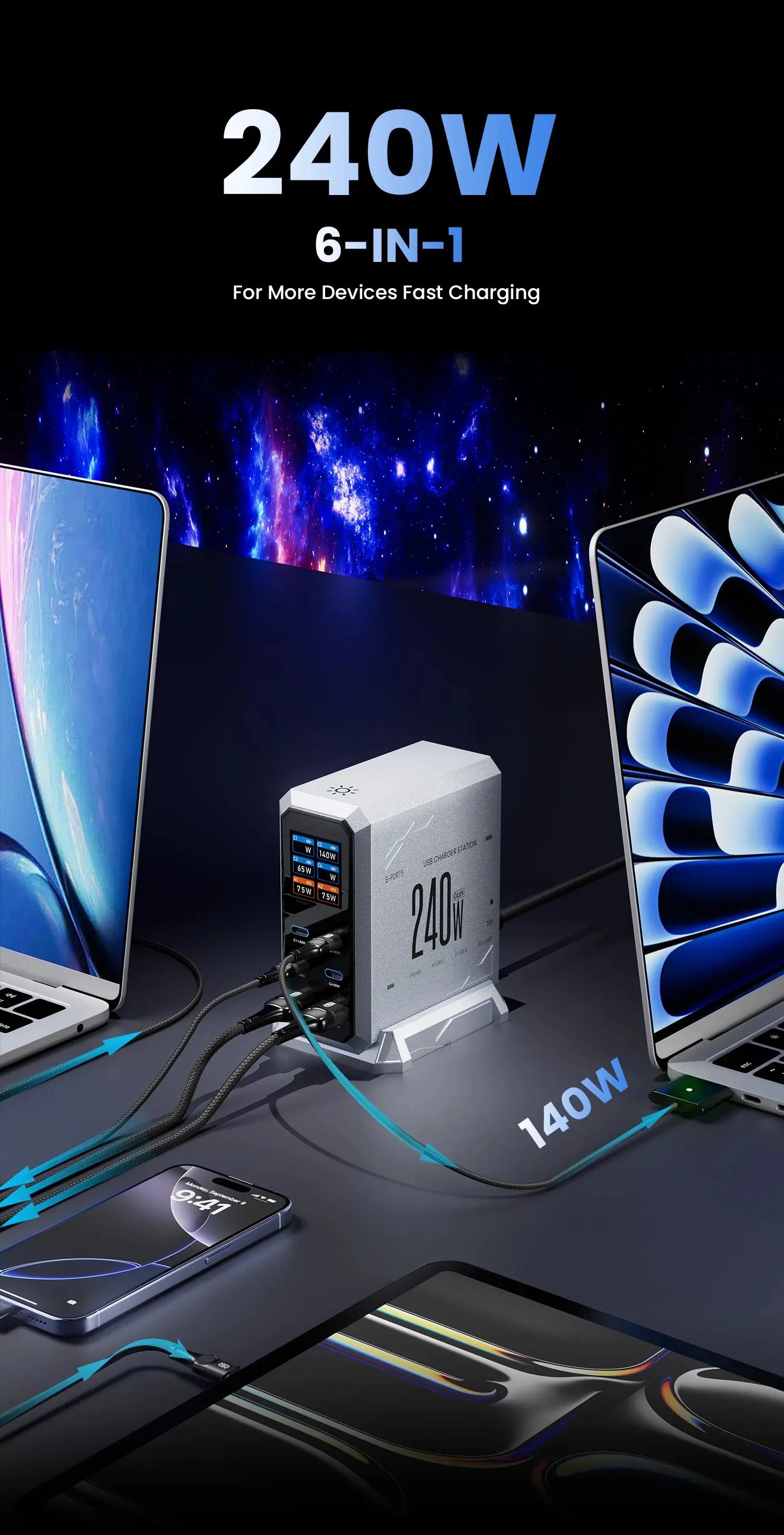 240W GaN Charger PD3.1 140W USB Type C 6 Ports PPS PD Desktop Fast Charging Station for MacBook Laptops Tablet iPhone Samsung Ai-TechWorld 
