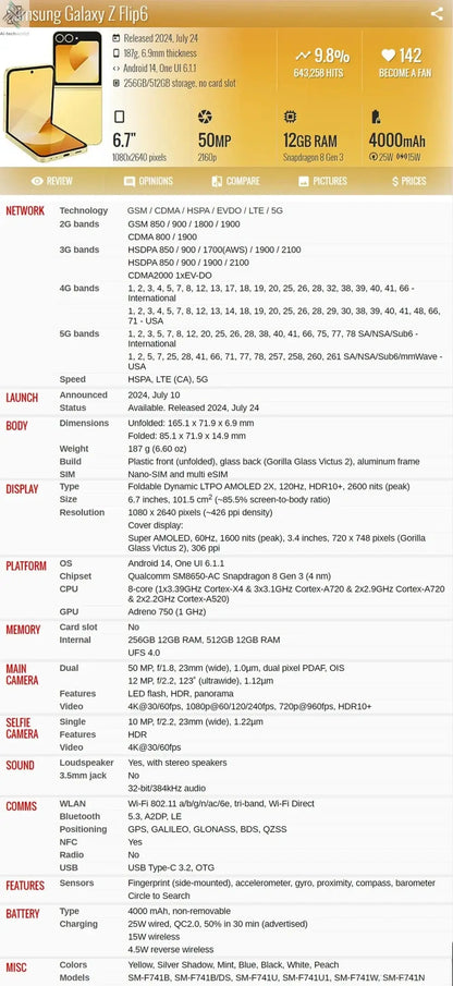Samsung Galaxy Z Flip 6 5G F741B F741U1 F741N 256/512GB ROM 12GB RAM 6.7" NFC Snapdragon Foldable Original 99% New AI Cell Phone Ai-TechWorld 