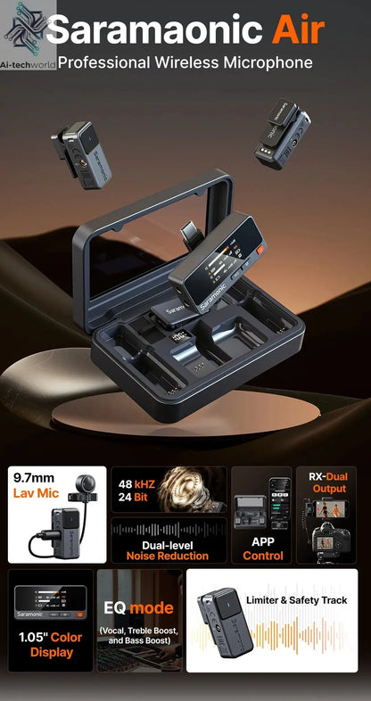 Saramonic Air Wireless Lavalier Microphone Noise Cancelling Lapel Mic for iPhone 15/16 Android Smartphone Camera Vlog Youtube Ai-TechWorld 