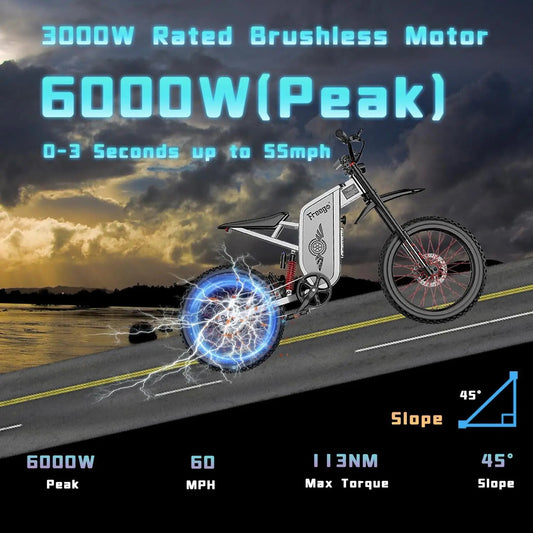 Four-Piston Hydraulic Brake Electric Dirt Bike 6000W Electric Motor 60V/30Ah 50MPH/7 Speed Off Road E-Bicycle Full Suspension Ai-TechWorld 