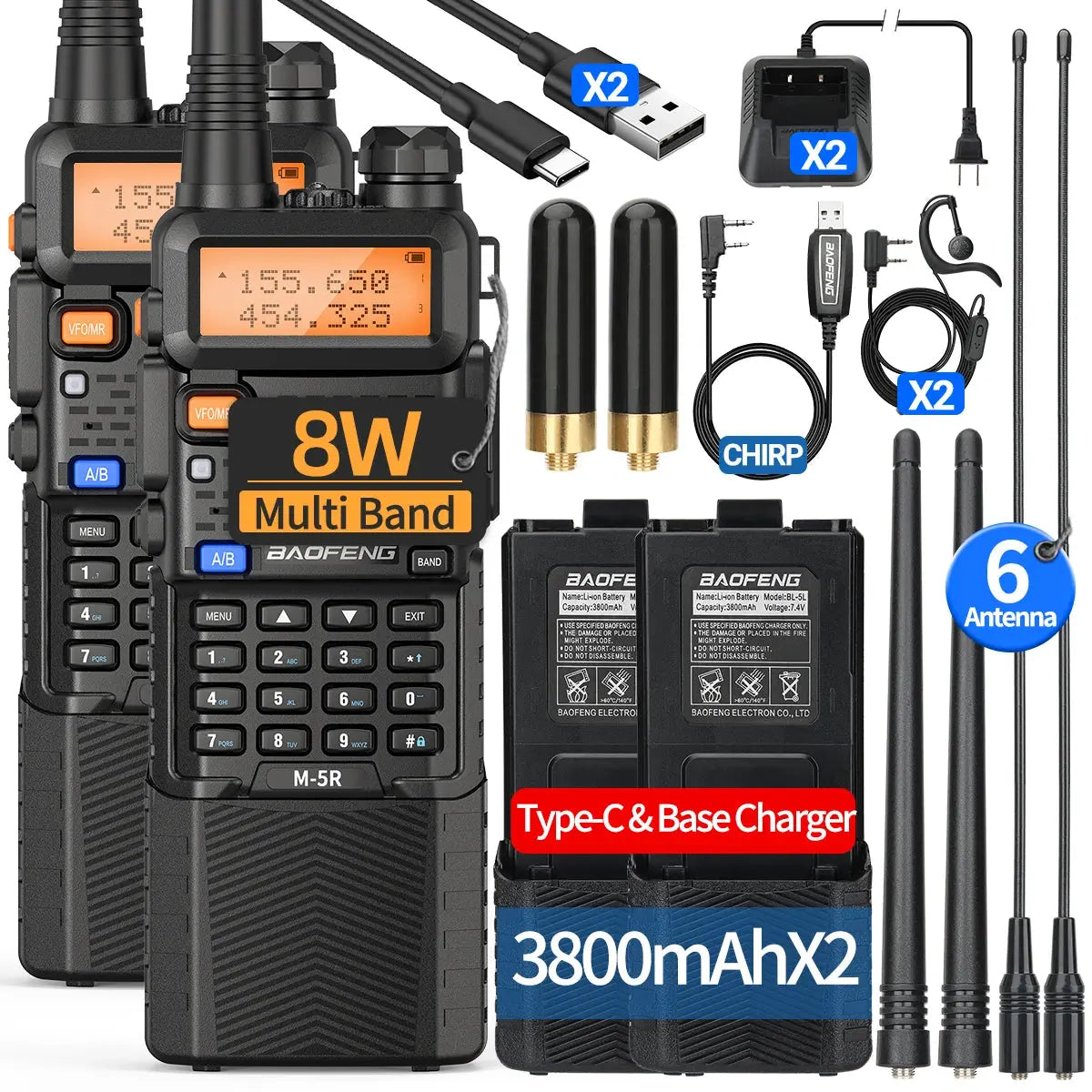 2X BAOFENG M-5R 8W Walkie Talkie 3800mAh Battery Multi Band AM Type-C USB Copy Upgraded UV-5R UV5R Long Range Two Way Ham Radio Ai-TechWorld 