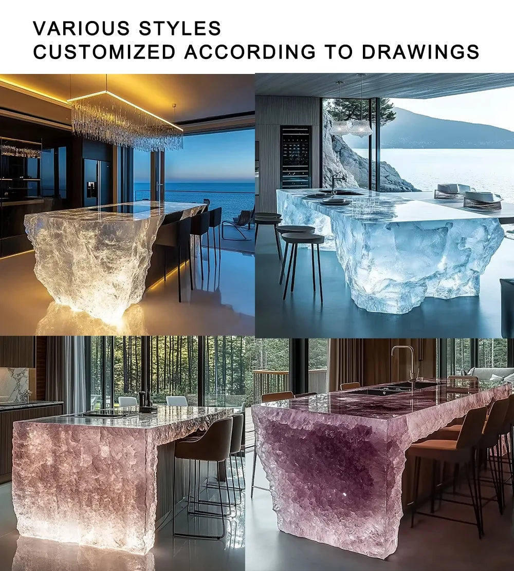 Modern light luxury home villa bar luminous island table custom transparent resin crystal bar glacier art tea table Ai-TechWorld 