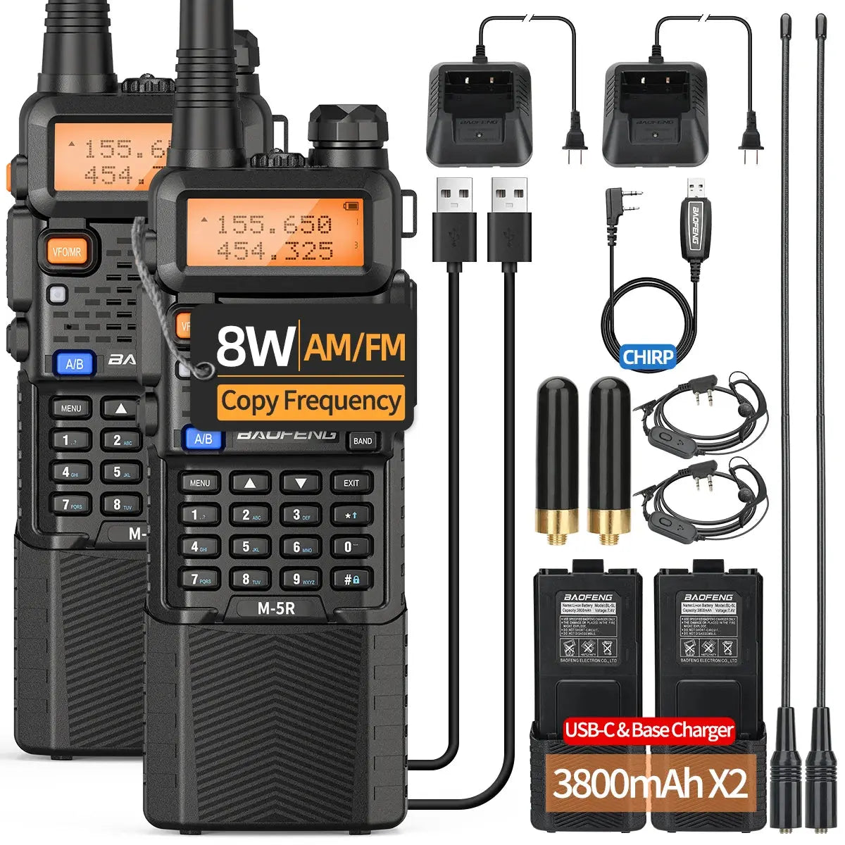 2X BAOFENG M-5R 8W Walkie Talkie 3800mAh Battery Multi Band AM Type-C USB Copy Upgraded UV-5R UV5R Long Range Two Way Ham Radio Ai-TechWorld 