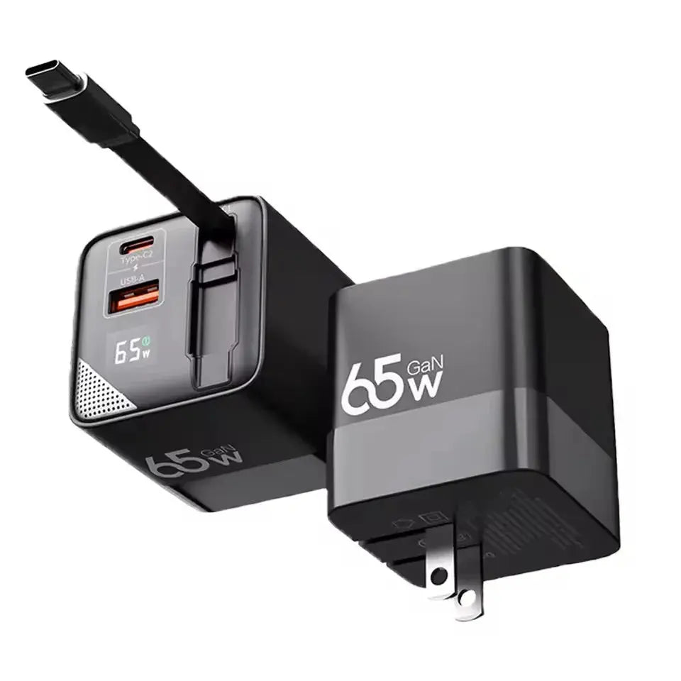 65W GaN Fast Charger Three-Port Charging Head Built-in 80cm Retractable TypeC Cable for iPhone16 15 14 13 Promax Xiaomi Samsung Ai-TechWorld 