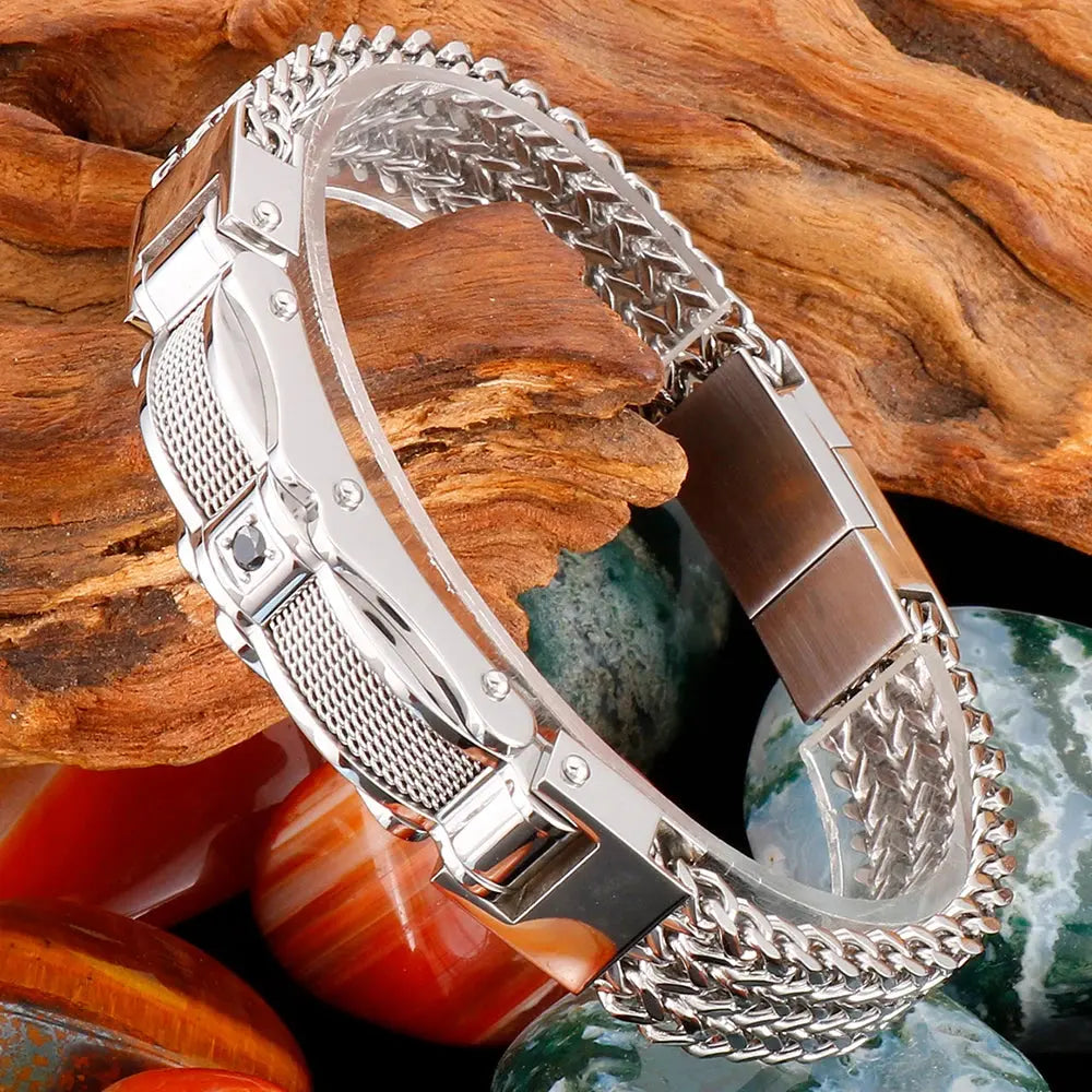 Luxury Bracelet for Men Gold 12MM Wide Stainless Steel Square Wrist Bracelets Ai-TechWorld 
