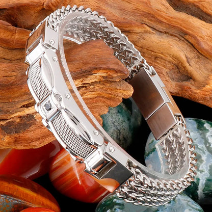 Luxury Bracelet for Men Gold 12MM Wide Stainless Steel Square Wrist Bracelets Ai-TechWorld 