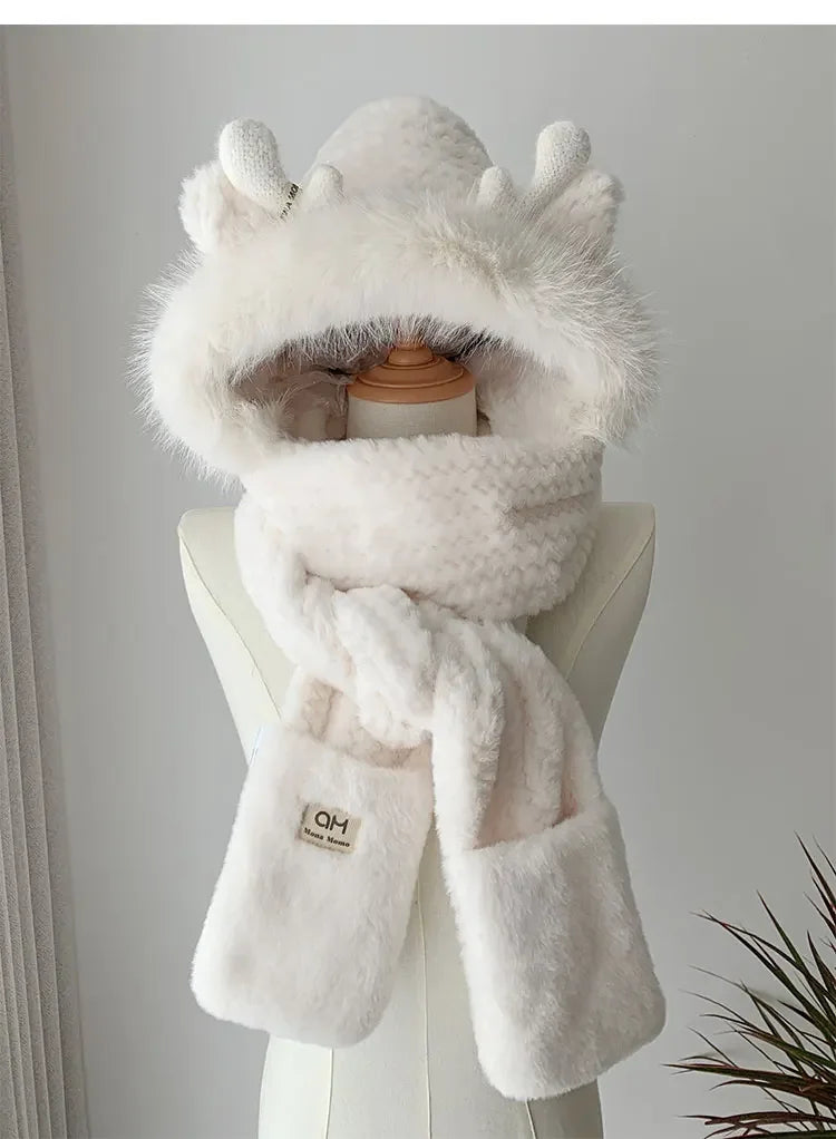 Fashion Elk Antlers Plush Hat Scarf Gloves Women's Winter Ear Protector Thickened Lei Feng Hat Cycling Ski Cap Wind Proof Ai-TechWorld 