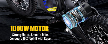 KOOZ HP112E PRO 36V 1000W Electric Motorcycle for Kids, Electric Dirt Bike Up to 20.6 MPH & 19 Miles Long-Range,UL 2849. Ai-TechWorld 