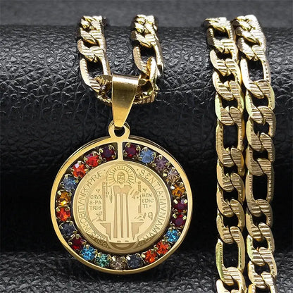 Colorful Crystal Saint Benedict Medal Necklace Women Men Stainless Steel Gold Color Chain Necklaces Jewelry San Benito N8391S05 Ai-TechWorld 