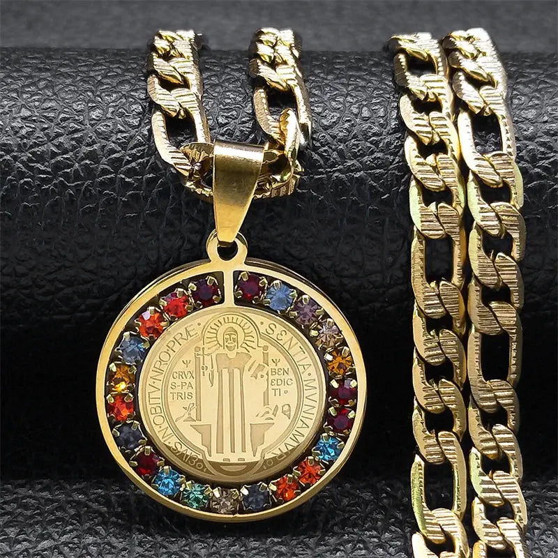 Colorful Crystal Saint Benedict Medal Necklace Women Men Stainless Steel Gold Color Chain Necklaces Jewelry San Benito N8391S05 Ai-TechWorld 