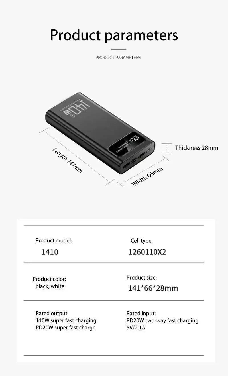 140W Power Bank  Super Fast Charging Battery High Capacity Digital Display 100000mAh Power Bank For Iphone Samsung Xiaomi Tablet Ai-TechWorld 