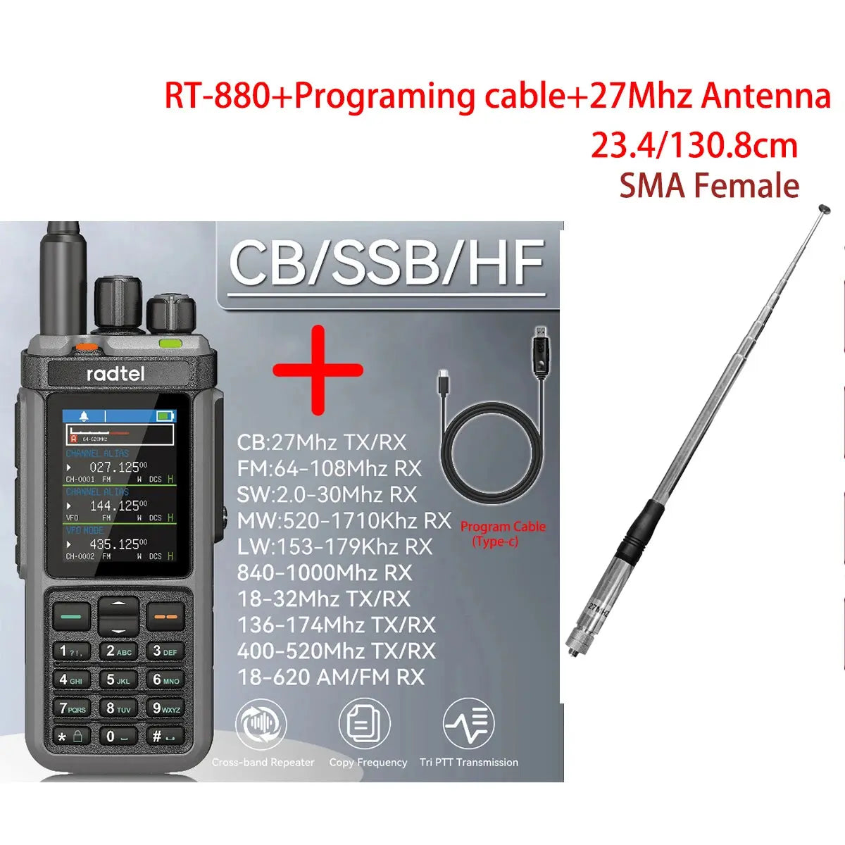 Radtel RT-880 10w Multi Band Ham Radio HF UHF VHF  with AM USB LSB CW CB LW MW SW SSB , 1024 Channels, Cross Band Repeaper Ai-TechWorld 