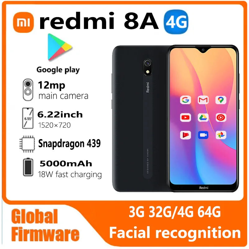 Xiaomi Redmi 8A smartphone 4G 64G Global firmware 5000mAh 6.22inch Snapdargon 439 12MP 18W Facial recognition used phone Ai-TechWorld 