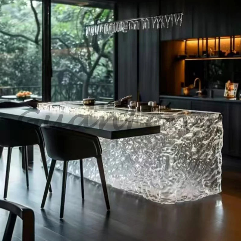 Premium Light Luxury Transparent Resin Hotel Front Desk Restaurant Villa Kitchen Partition Luminous Crystal Glacier Island Table Ai-TechWorld 