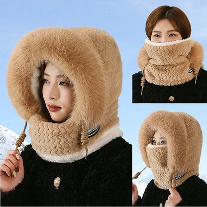 Autumn and Winter Women Thermal Plush Hat Hood Scarf and Mask Ear Protection Windproof Thick Design for Riding Outdoor Ai-TechWorld 