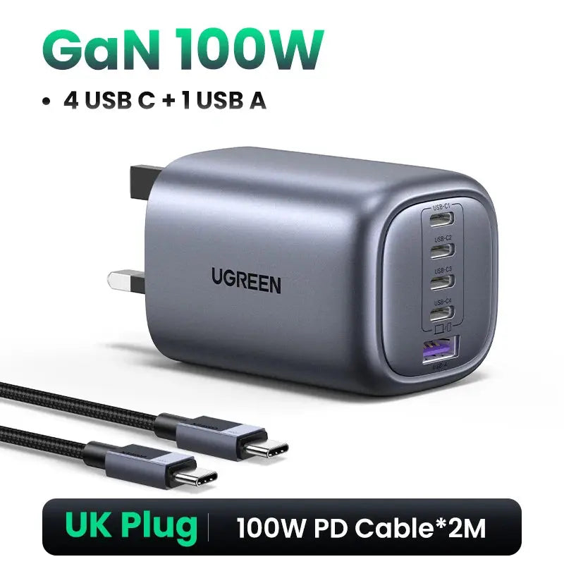 UGREEN 100W GaN Charger 5 Ports USB C Charger QC4.0 3.0 PPS For Macbook Air Laptop Tablet PDFast Charger For iPhone 16 15 14 Pro Ai-TechWorld 