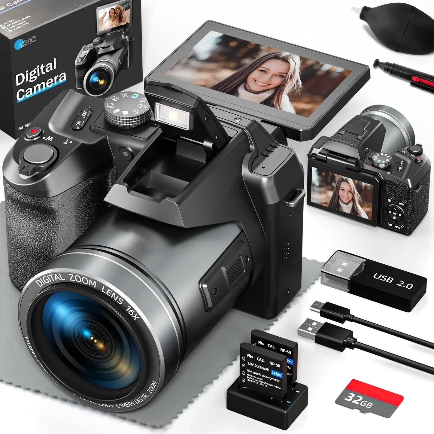 NBD 64MP Digital Camera for Photography, 4K Vlogging Camera with 3’’ Flip Screen,16X Digital Zoom,2 Batteries, 32GB TF Card Ai-TechWorld 