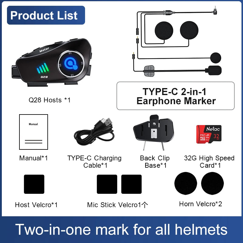 Q28 Motorcycle Helmet Headset Bluetooth Hands Free Call Waterproof Heaphone Wireless 1080P Video Dashcam TF Card as gift Ai-TechWorld 