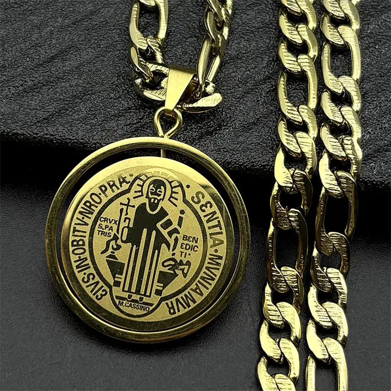 Colorful Crystal Saint Benedict Medal Necklace Women Men Stainless Steel Gold Color Chain Necklaces Jewelry San Benito N8391S05 Ai-TechWorld 