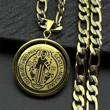 Colorful Crystal Saint Benedict Medal Necklace Women Men Stainless Steel Gold Color Chain Necklaces Jewelry San Benito N8391S05 Ai-TechWorld 