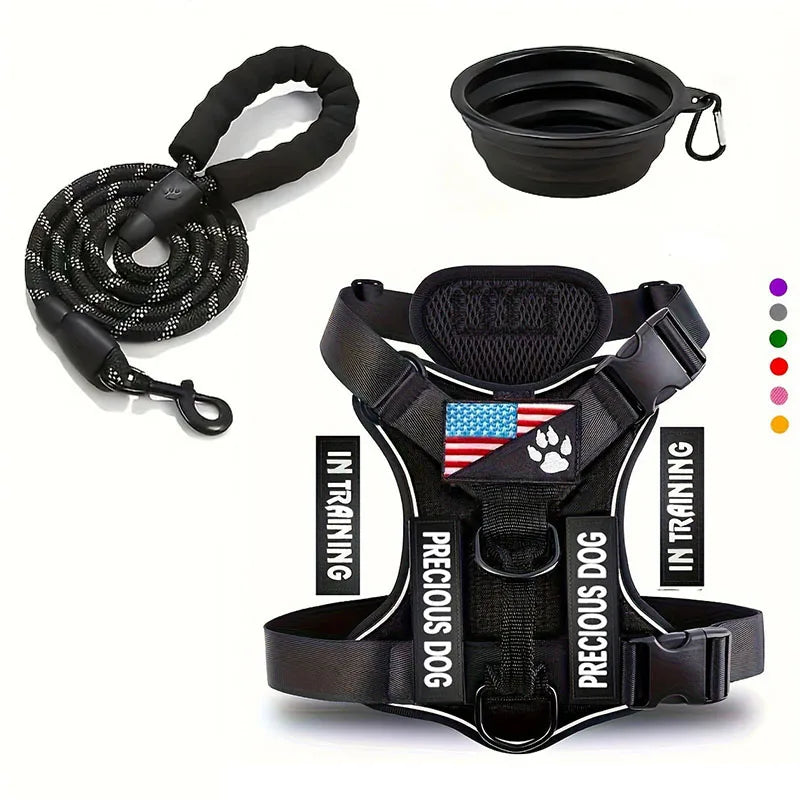 Service Dog Harness & Leash Set with 1pc Folding Bowl Reflective Adjustable Dog Vest Harness Soft Oxford Pet Harness For Small M Ai-TechWorld 