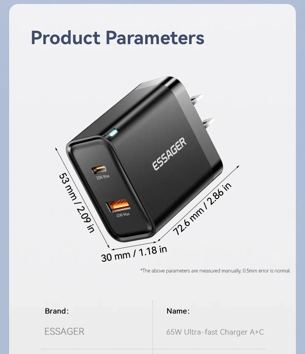 Essager 65W GaN Charger USB PD Type C Fast Charging  Phone Adapter QC3.0 For iPhone 16 Pro Max Samsung Galaxy S23 Xiaomi Huawei Ai-TechWorld 