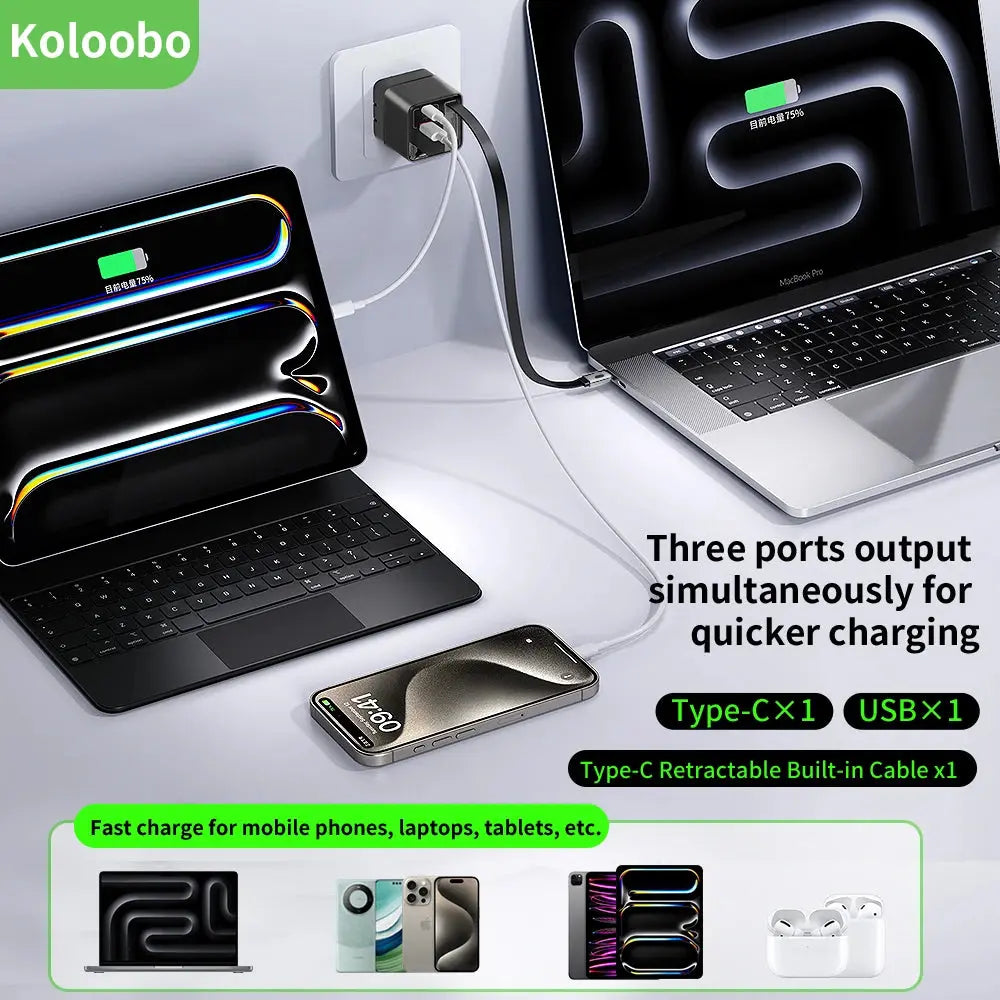 65W GaN Fast Charger Three-Port Charging Head Built-in 80cm Retractable TypeC Cable for iPhone16 15 14 13 Promax Xiaomi Samsung Ai-TechWorld 
