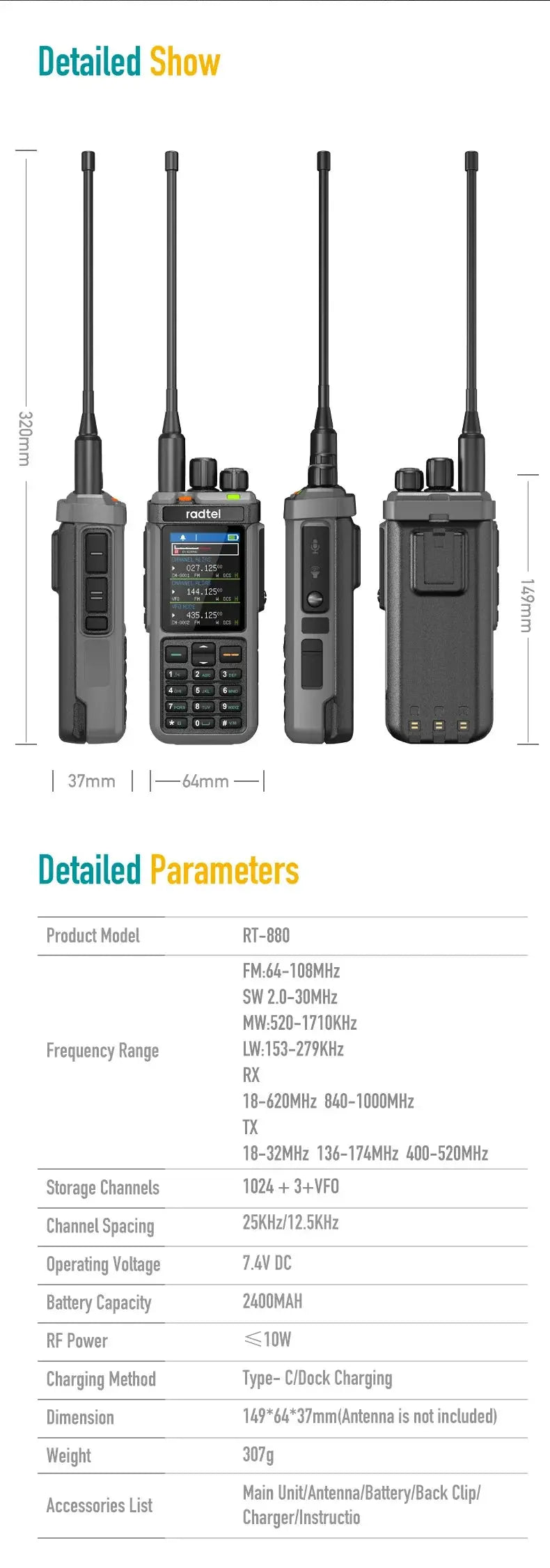 Radtel RT-880 10w Multi Band Ham Radio HF UHF VHF  with AM USB LSB CW CB LW MW SW SSB , 1024 Channels, Cross Band Repeaper Ai-TechWorld 