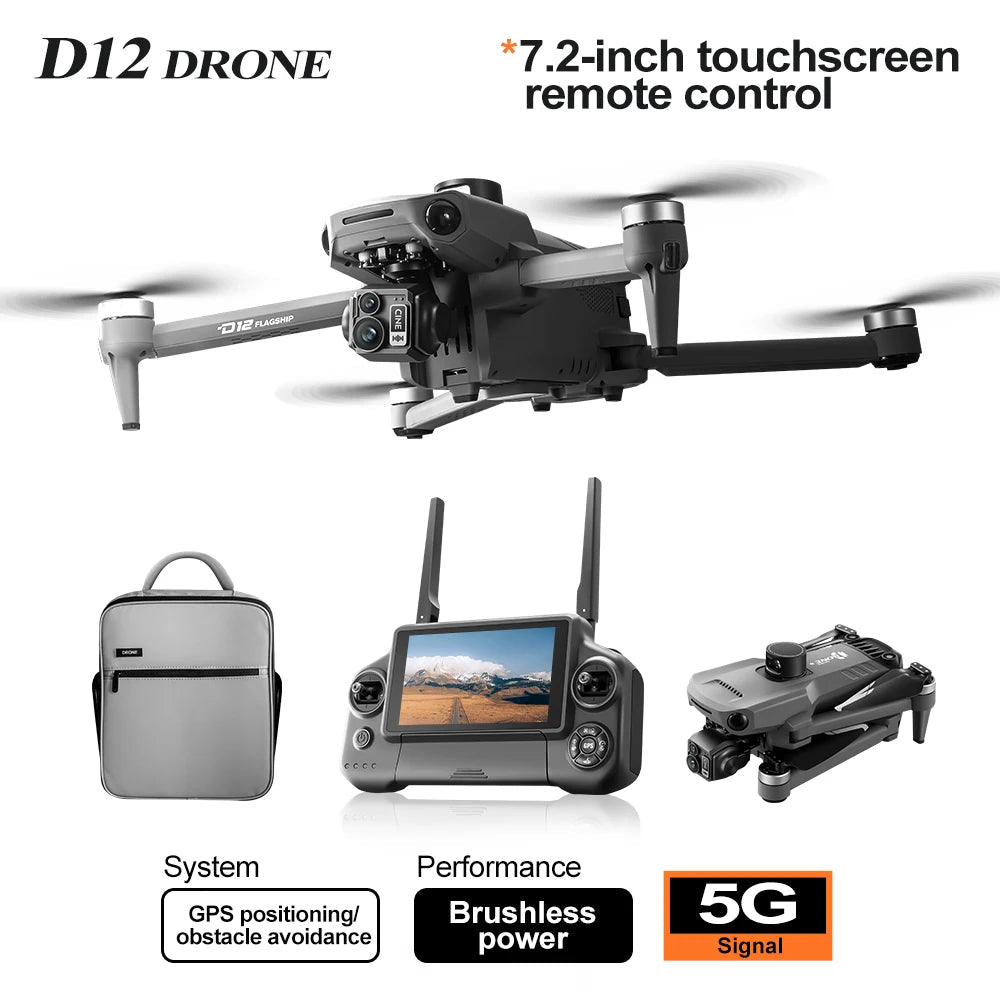 New D12 GPS Drone 3-Axis Gimbal With Touch Screen Profesional 8K HD Camera FPV Obstacle Avoidance Brushless Dron Toy for adult ﻿ Ai-TechWorld 