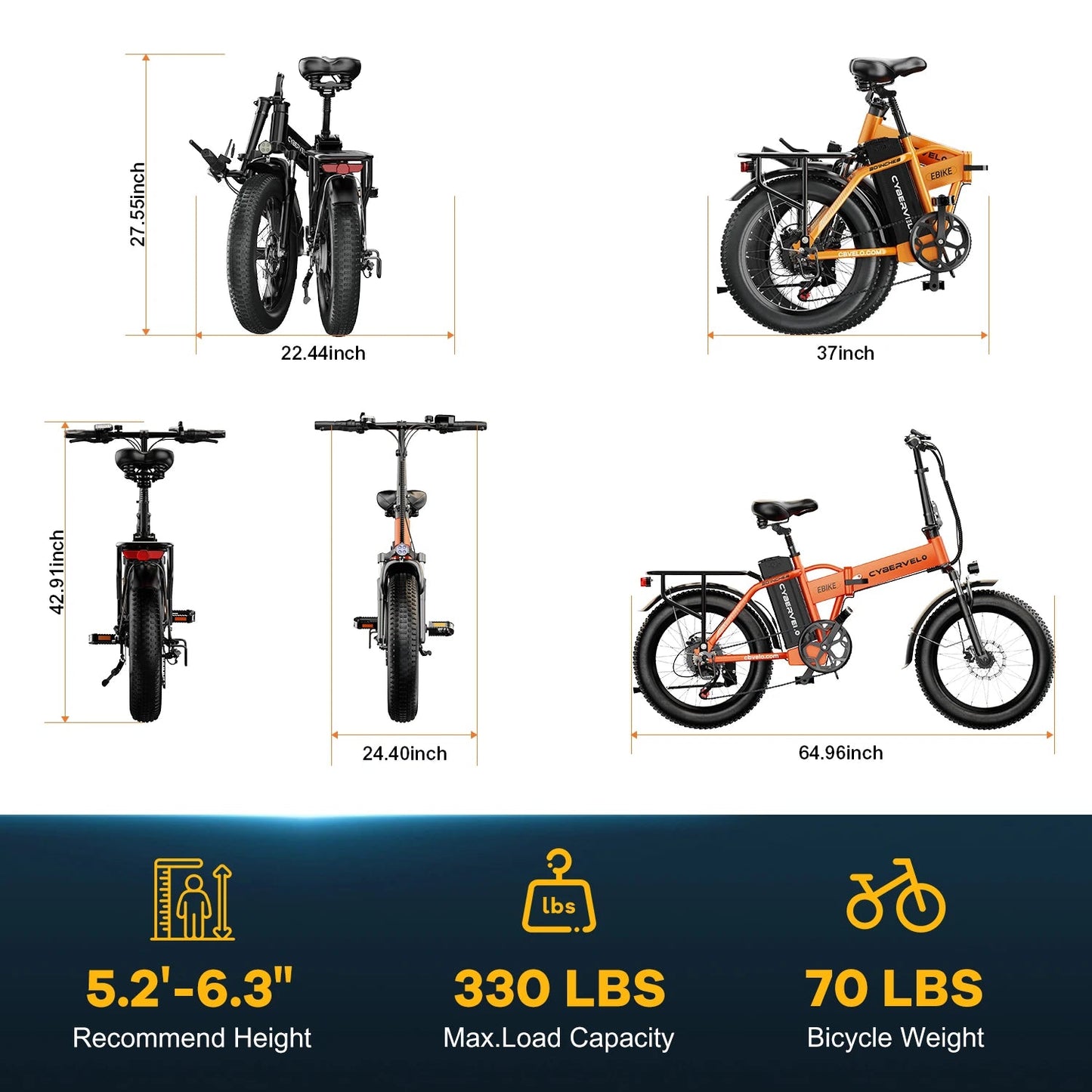 Cybervelo EK4 Folding Electric Bike, 48V 960WH Large Removable Battery E-Bike, 30+MPH, 80 Miles Max Range, 20" FatTire for Adult Ai-TechWorld 