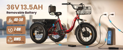 QRONGE Electric Bike for Adults 960W Peak 36V 13.5AH Battery Folding Electric Tricycle 50 Miles Range Fat Tire Electric Trike Ai-TechWorld 