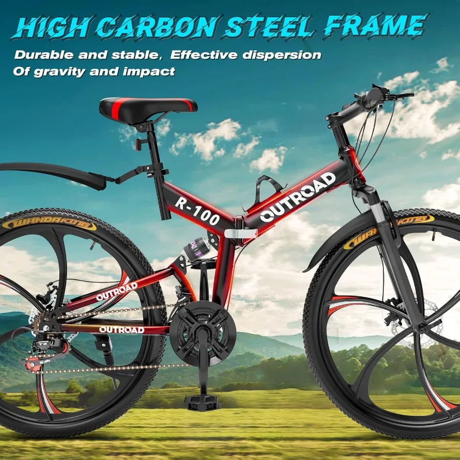 26 Inch Folding Mountain Bike with 21 Speeds and Full Suspension for Adults Featuring Dual Disc Brakes High Carbon Steel Frame Ai-TechWorld 