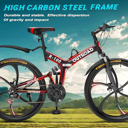 26 Inch Folding Mountain Bike with 21 Speeds and Full Suspension for Adults Featuring Dual Disc Brakes High Carbon Steel Frame Ai-TechWorld 