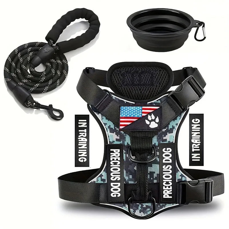 Service Dog Harness & Leash Set with 1pc Folding Bowl Reflective Adjustable Dog Vest Harness Soft Oxford Pet Harness For Small M Ai-TechWorld 