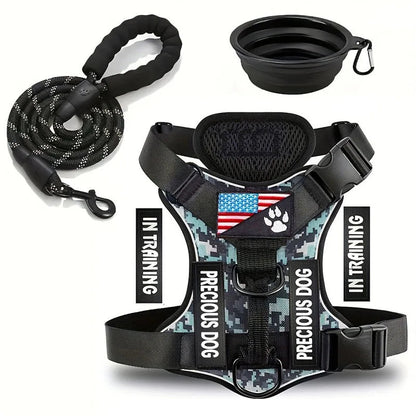 Service Dog Harness & Leash Set with 1pc Folding Bowl Reflective Adjustable Dog Vest Harness Soft Oxford Pet Harness For Small M Ai-TechWorld 