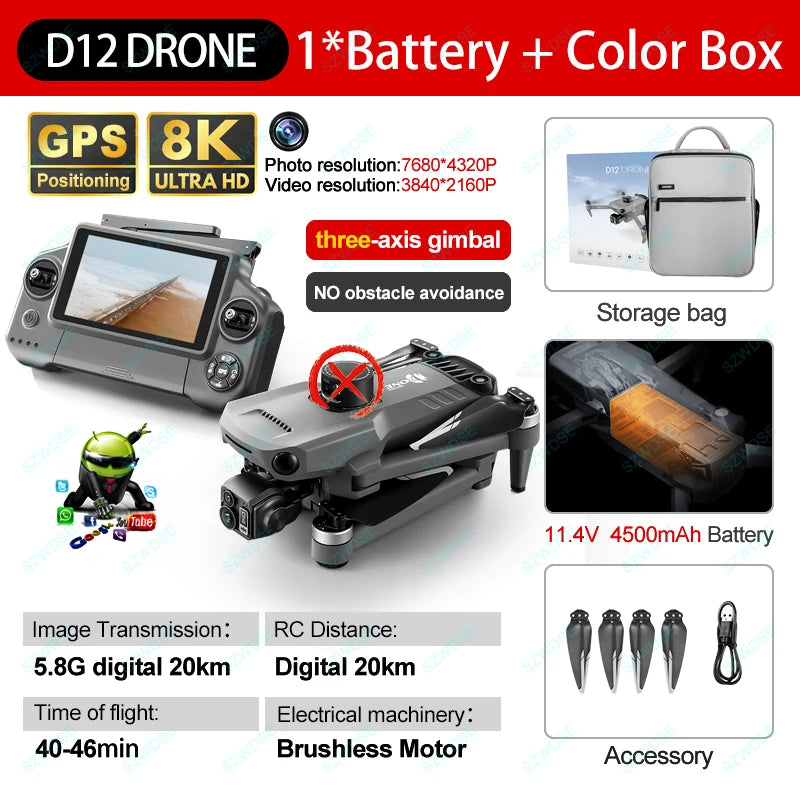 New D12 GPS Drone 3-Axis Gimbal With Touch Screen Profesional 8K HD Camera FPV Obstacle Avoidance Brushless Dron Toy for adult ﻿ Ai-TechWorld 