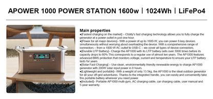CTOLITY AP1000 Portable Power Station 1024Wh Lifepo4 Battery Solar Generator AC Outlets Pure Sinve Wave Energy Storage Supply Ai-TechWorld 