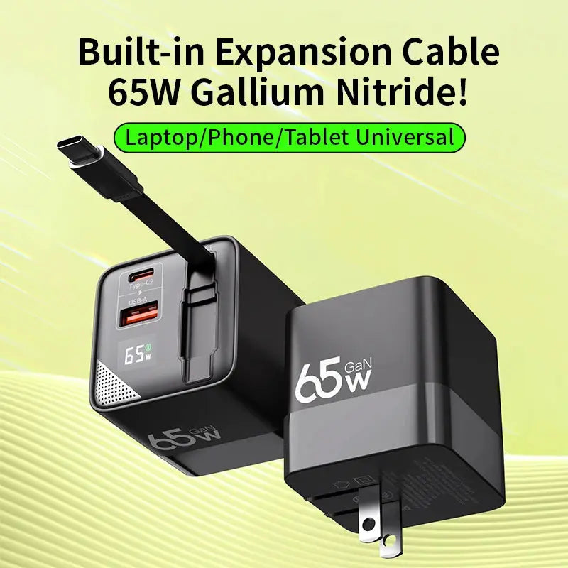 65W GaN Fast Charger Three-Port Charging Head Built-in 80cm Retractable TypeC Cable for iPhone16 15 14 13 Promax Xiaomi Samsung Ai-TechWorld 