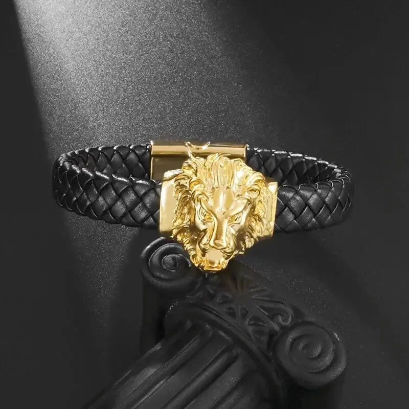 Domineering Lion Head Animal Hand-Woven Single-Layer Leather Magnetic Bracelet Hip-Hop Men's Trendy Jewelry Ai-TechWorld 