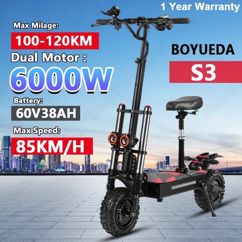 Boyueda S3 EScooters 6000W Dual Motor 60V38ah Hydraulic Oil Brake Electric Scooter Aldult 11 Inch Off-road Vacuum Tire E-Scooter Ai-TechWorld 