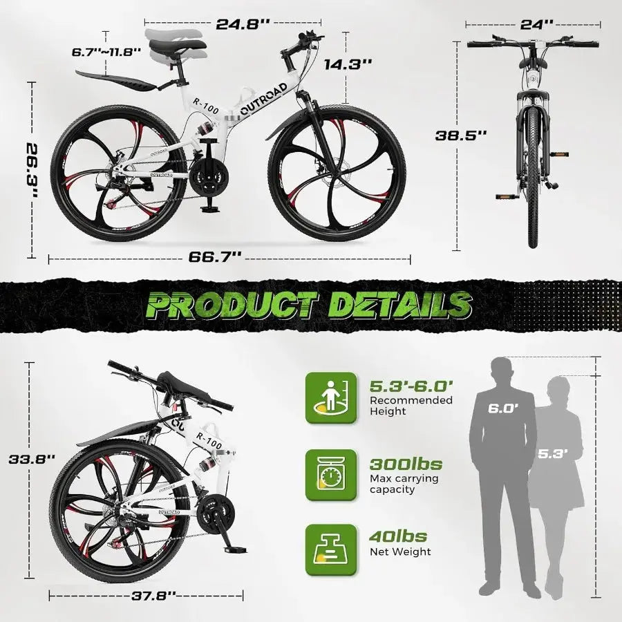 Outroad 26 Inch Folding Mountain Bike 21 Speed Full Suspension with Dual Disc Brake for Adults Men Women HighCarbon Steel Frame Ai-TechWorld 